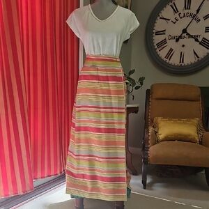 CHANEL - “AUTHENTIC” Striped Maxi Skirt in Coral, Yellow & Cream